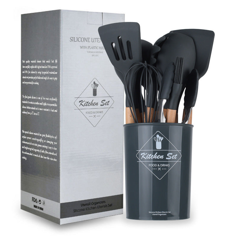 Dark Grey Wooden Handle Silicone Kitchenware